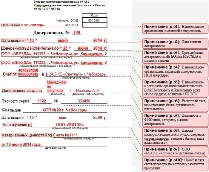 Пример оформления Доверенности для получения товарно-материальных ценностей (ТМЦ) - бланк № М-2