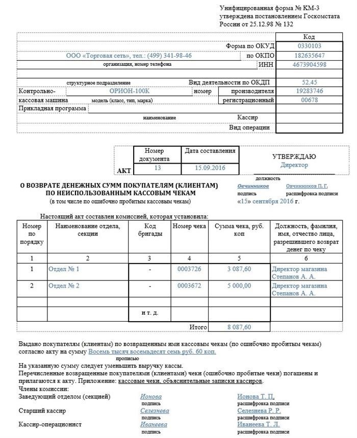 Образец акта на возврат денег покупателю в 2021 году